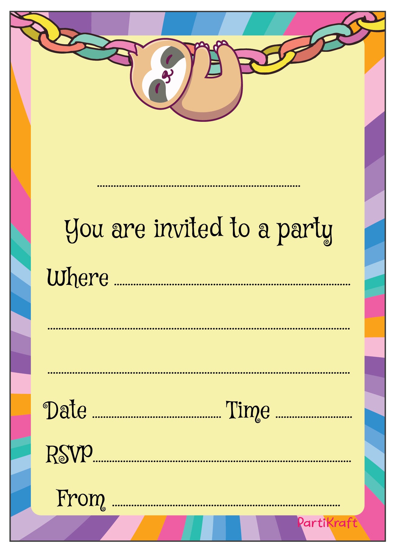 Sloth Rainbow Birthday Cake Party Invitations