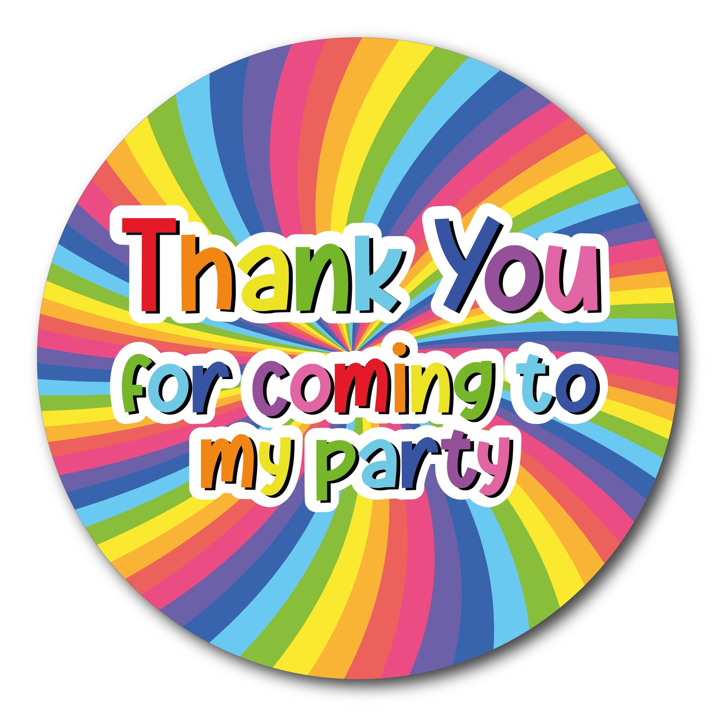 40mm round stickers with a bright rainbow striped swirl in the background. Text is rainbow coloured and red thank you for coming to my party. This is a perfect unisex design.