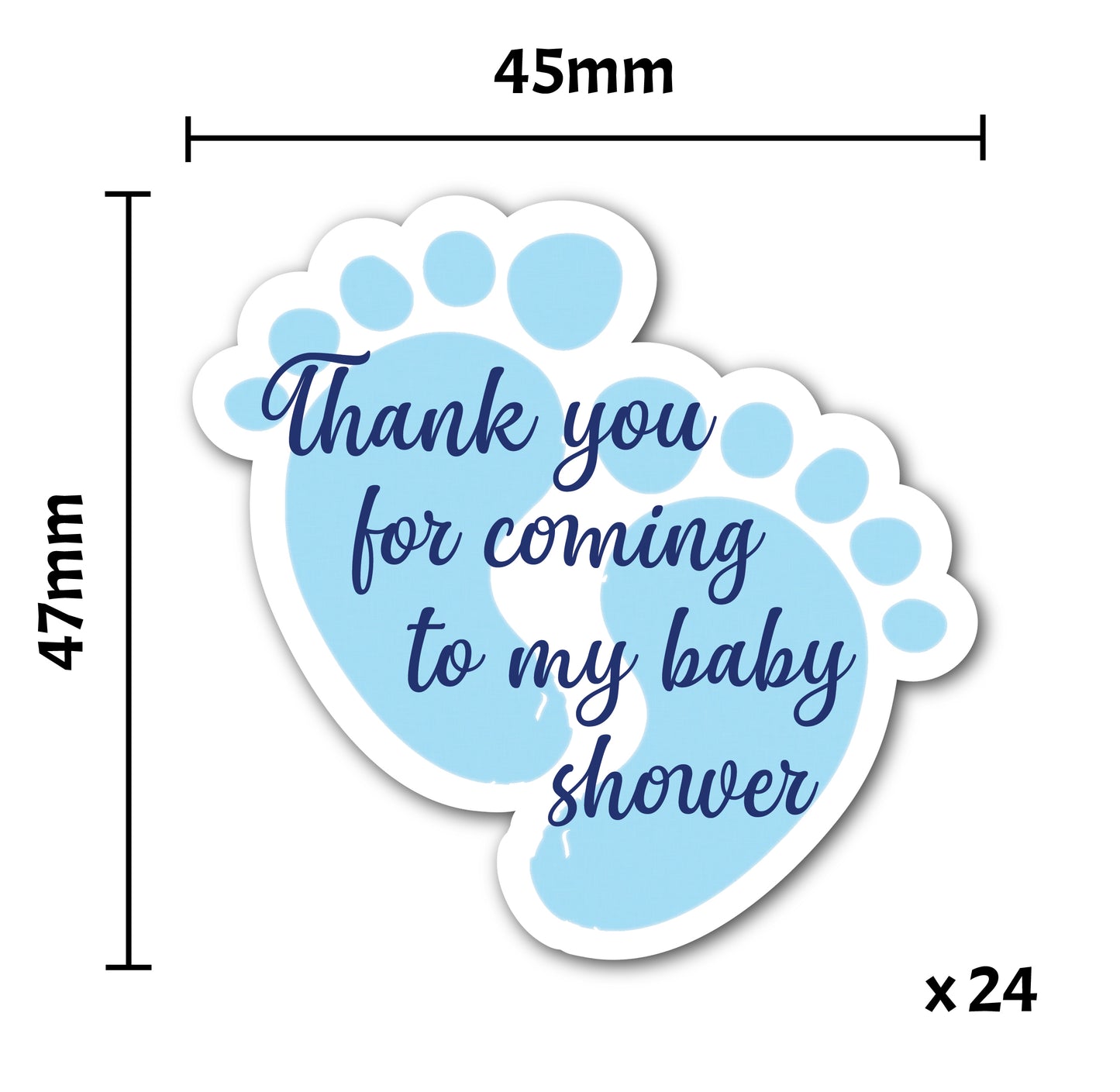 24 x Blue Boy Footprint Shaped Stickers - Thank You for Coming to My Baby Shower