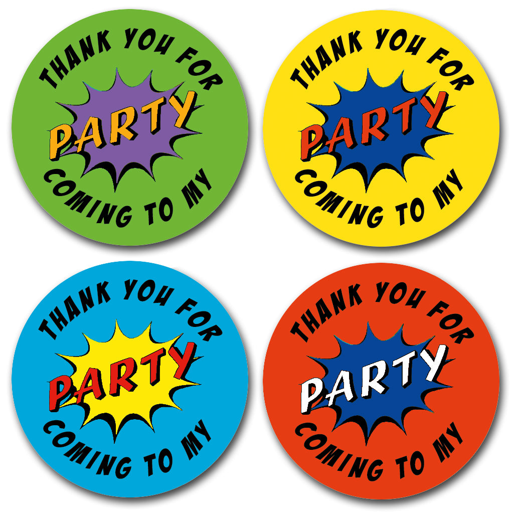 Forty Millimetre Round comic book super hero themed thank you for coming to my party stickers. Great for childrens sweet cones, party bags and favors. Black text in a circle shape with a party splash in the centre. Four different colour backgrounds. Yellow, Green, Blue and Red.
