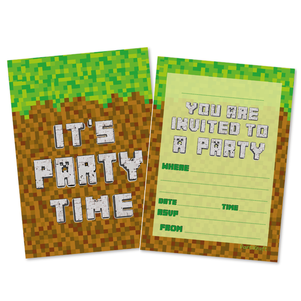 Mine Craft Style Birthday Party Invitations & Envelopes - PartiKraft