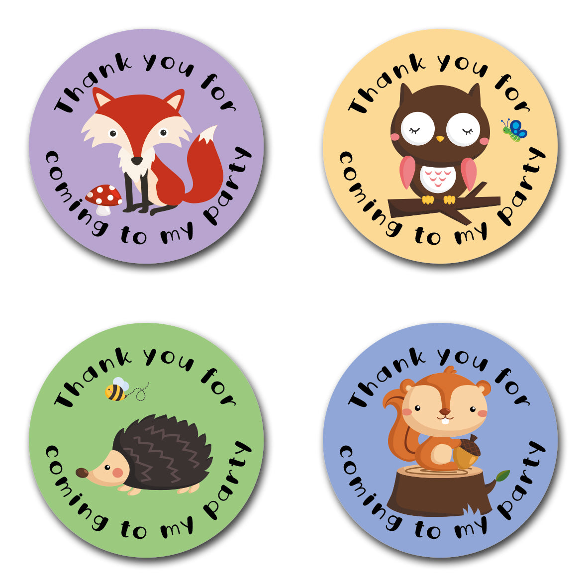 40mm Round Woodland Animals "Thank You for Coming to my Party" Birthday Stickers. Including a Fox, Owl, Squirrel and Hedgehog. Each pack comes with 4 different designs