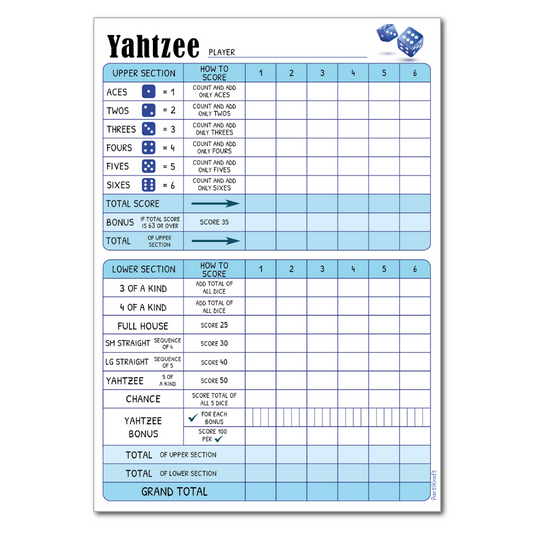 A5 Yahtzee Score Pads - 50 Tear Off Game Sheets per Pad - 6 Games on Each Sheet