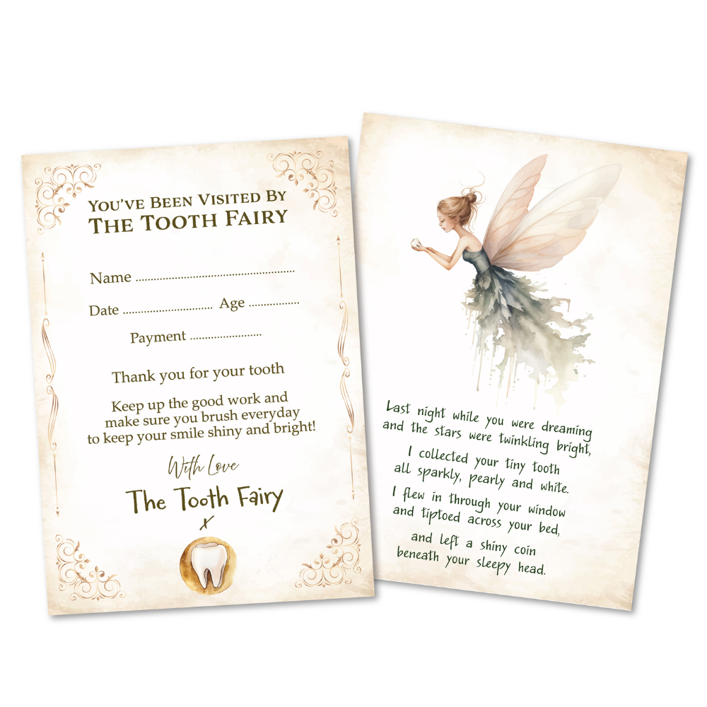 Tooth Fairy Certificates - A6 Size Rustic Watercolour Fairy Letters