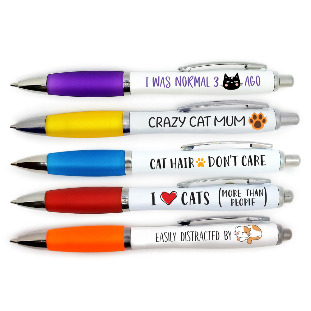 Pack of 5 cat themed ball point pens. 5 different funny humourous cat pens. Including: I was normall 3 Cats ago, Crazy Cat Mum, Cat hair don't care, I love cats more than people and easily distracted by cats