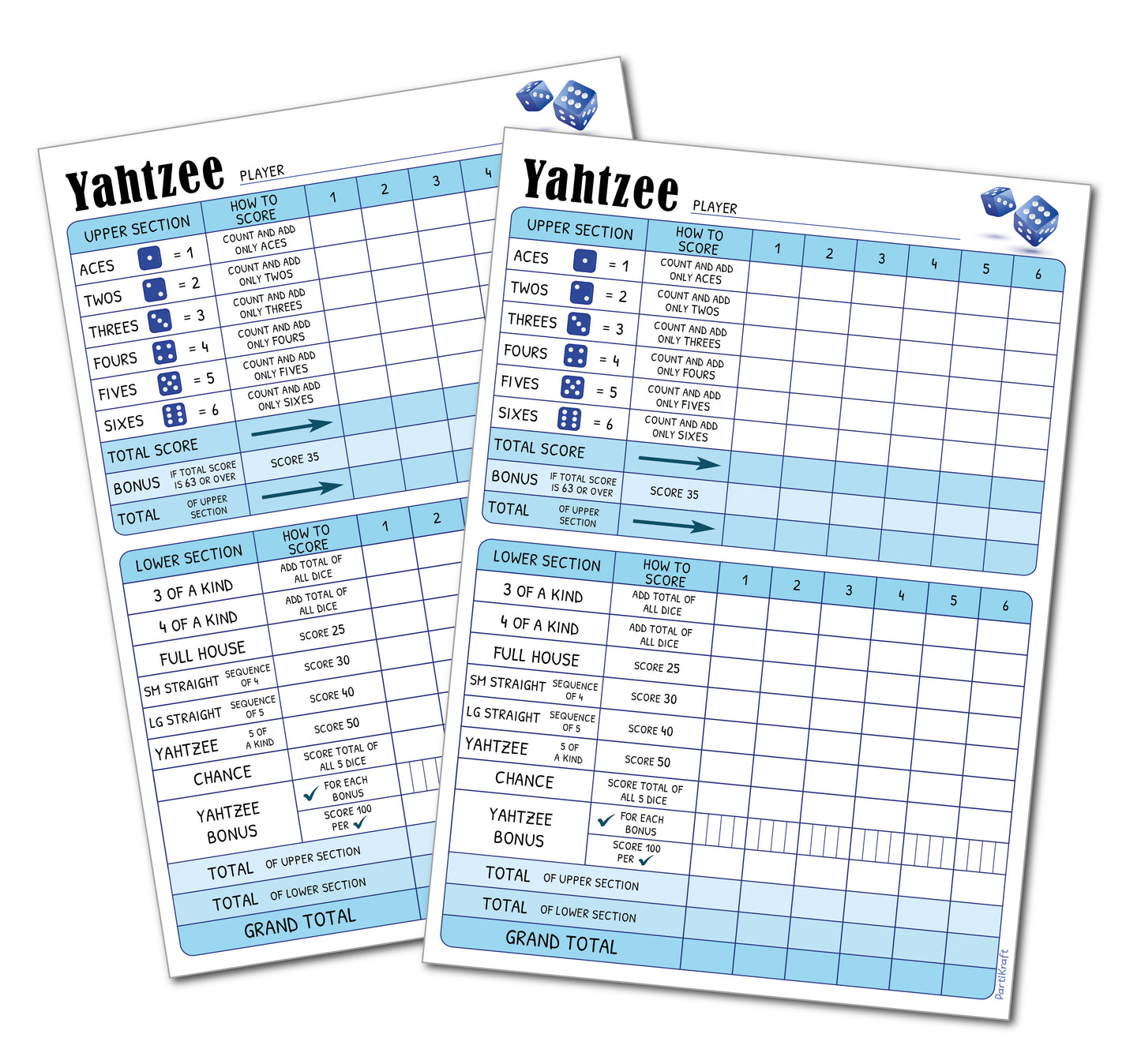 A5 Yahtzee Score Pads - 50 Tear Off Game Sheets per Pad - 6 Games on Each Sheet