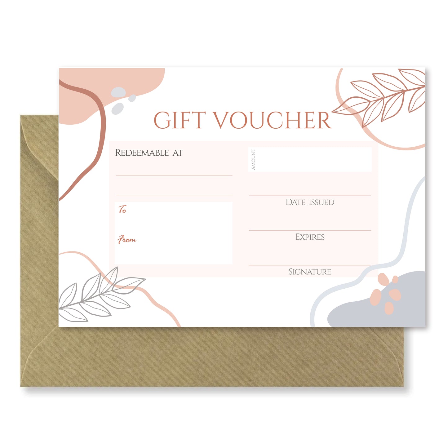 Blank Gift Vouchers & Envelopes - Double Sided Abstract Rose Gold Leaf Design