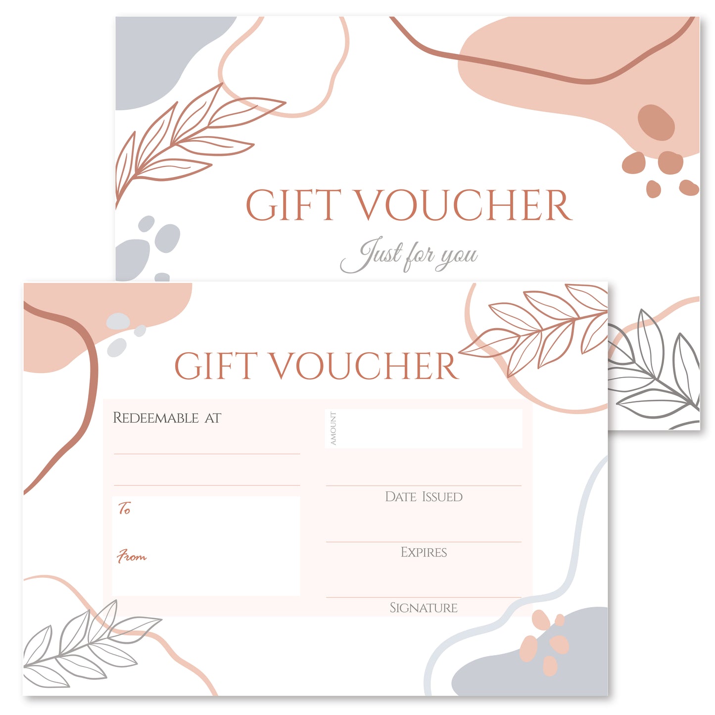 Blank Gift Vouchers & Envelopes - Double Sided Abstract Rose Gold Leaf Design