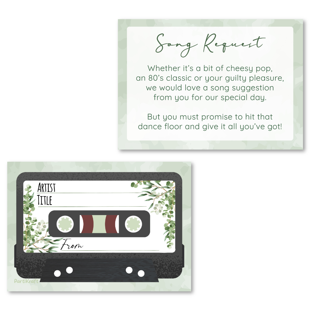 Sage Green Botanical Leaf Cassette Tape Song Request Cards