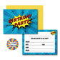 Comic-style birthday party invitation set with yellow envelope and round rainbow sticker white says Birthday party on a white background