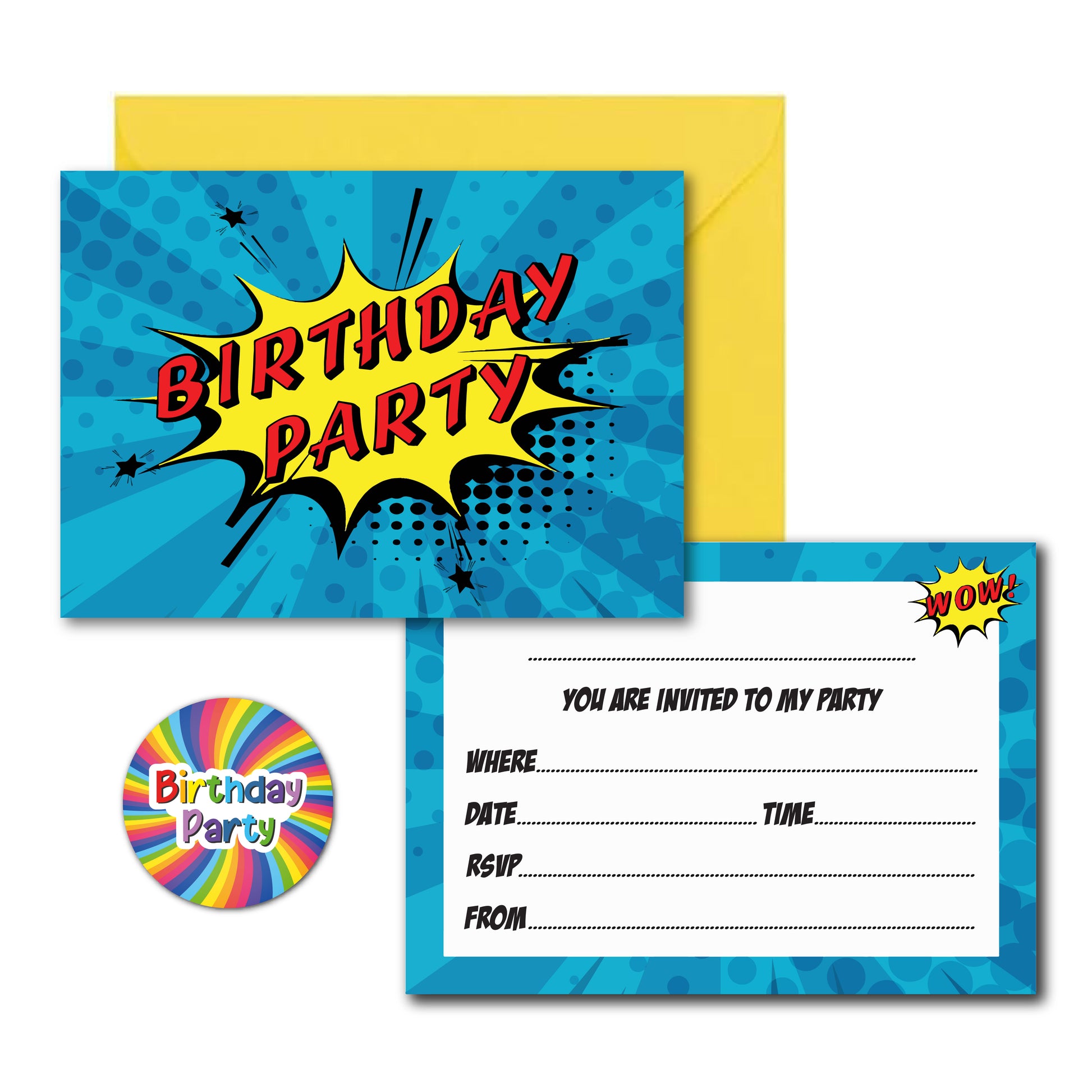 Comic-style birthday party invitation set with yellow envelope and round rainbow sticker white says Birthday party on a white background
