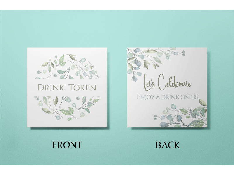 Rustic Botanical 74mm Square Card Drink Tokens: Let's Celebrate - Enjoy a Drink on Us