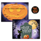 SPOOKY PUMPKIN DESIGN HALLOWEEN PARTY INVITATIONS. IMAGE INCLUDED BLACK CAT, GHOST, FULL MONN AND GRAVE STONE. PACK INCLUDEDS ORNAGE ENVELOPES AND ROUND 40MM BLACK STICKERS READING TRICK OR TREAT