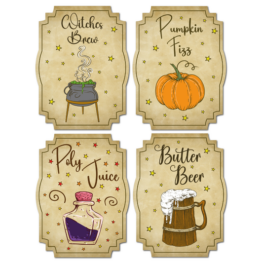 Fizzy drink bottle labels for halloween or witches and wizards parties. 4 Designs included.