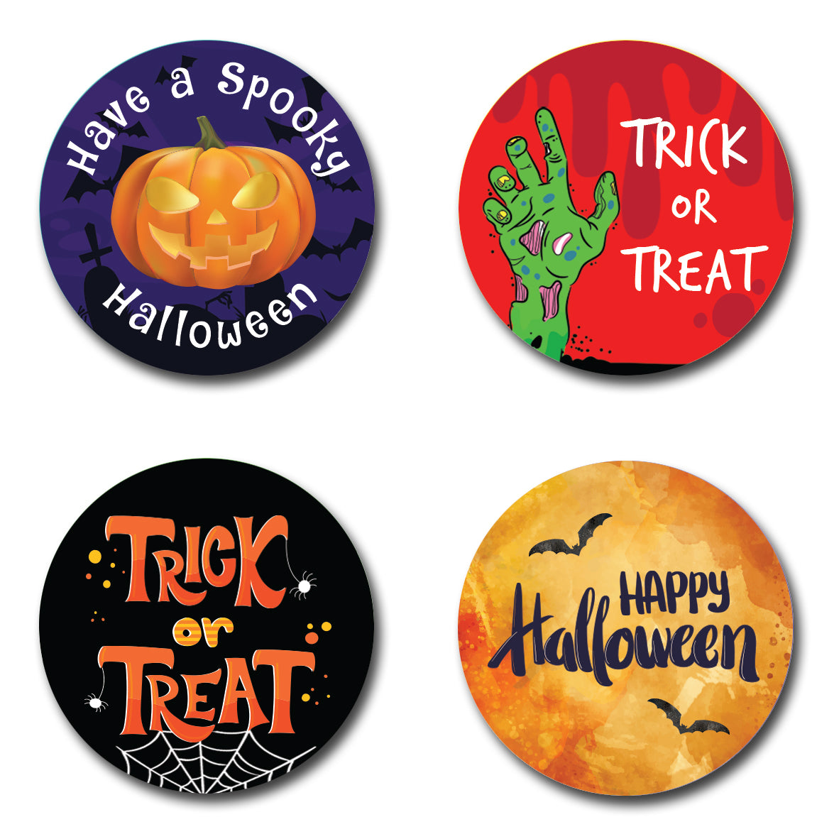 40mm Spooky Halloween Party Trick or treat stickers. 4 different designs included. Perfect for sweet cones.