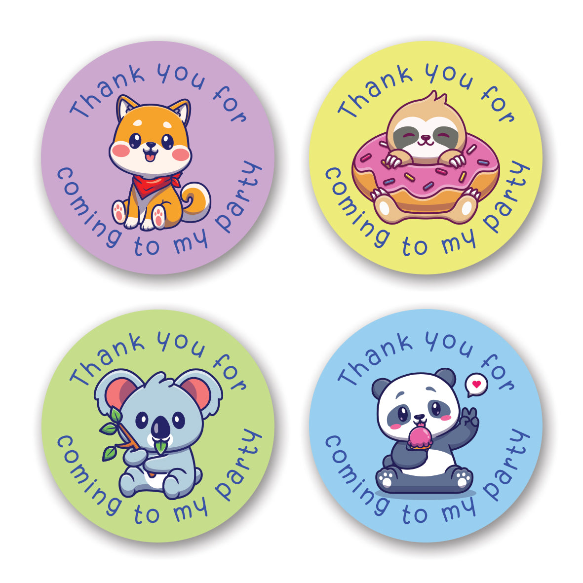 4 DIFFERENT DESIGN KAWAII ANIMAL THANK YOU FOR COMING TO MY PARTY STICKERS. ANIMALS INCLUDE SLOTHS PANDAS, DOGS AND KOALAS.