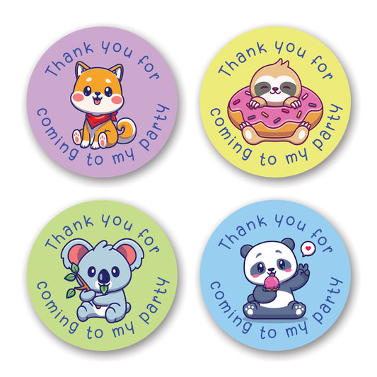 4 DIFFERENT DESIGN KAWAII ANIMAL THANK YOU FOR COMING TO MY PARTY STICKERS. ANIMALS INCLUDE SLOTHS PANDAS, DOGS AND KOALAS.