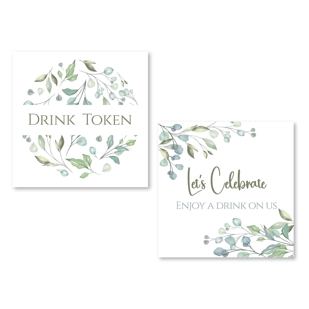 Rustic Botanical 74mm Square Card Drink Tokens: Let's Celebrate - Enjoy a Drink on Us