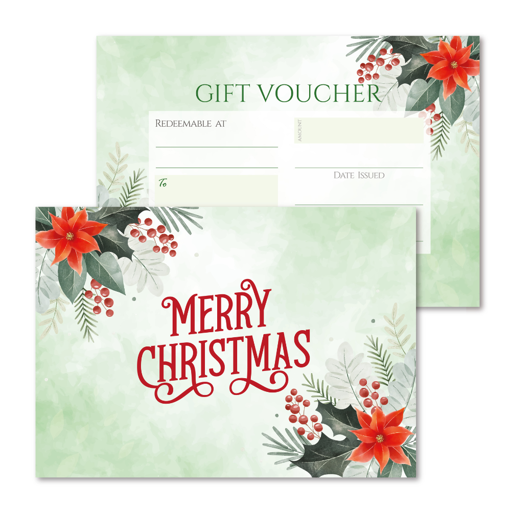 Double sided merry christmas blank gift vouchers and shimmery metallic silver envelopes. Holly and poinsettia watercollor design.