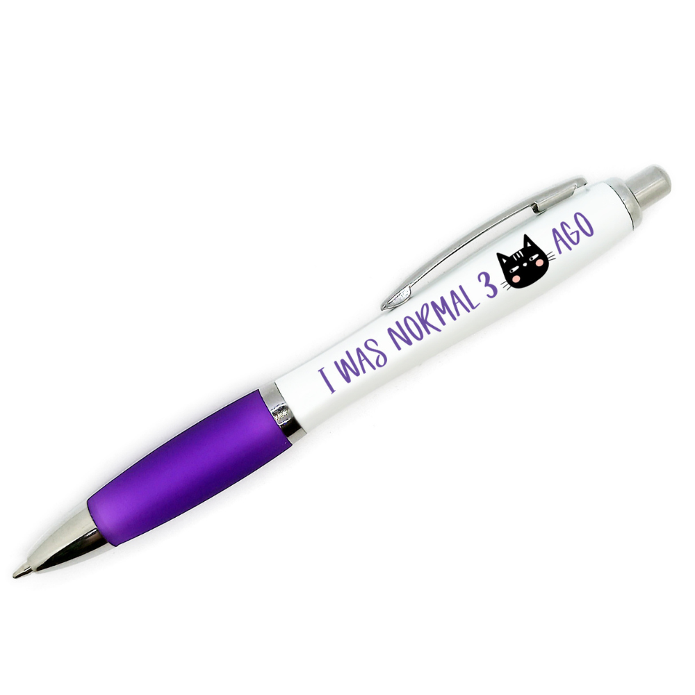 Retractable Ball Point Pen with Black Ink and Purple Grip which reads: I WAS NORMAL 3 CATS AGO Pen with Black Cat Face