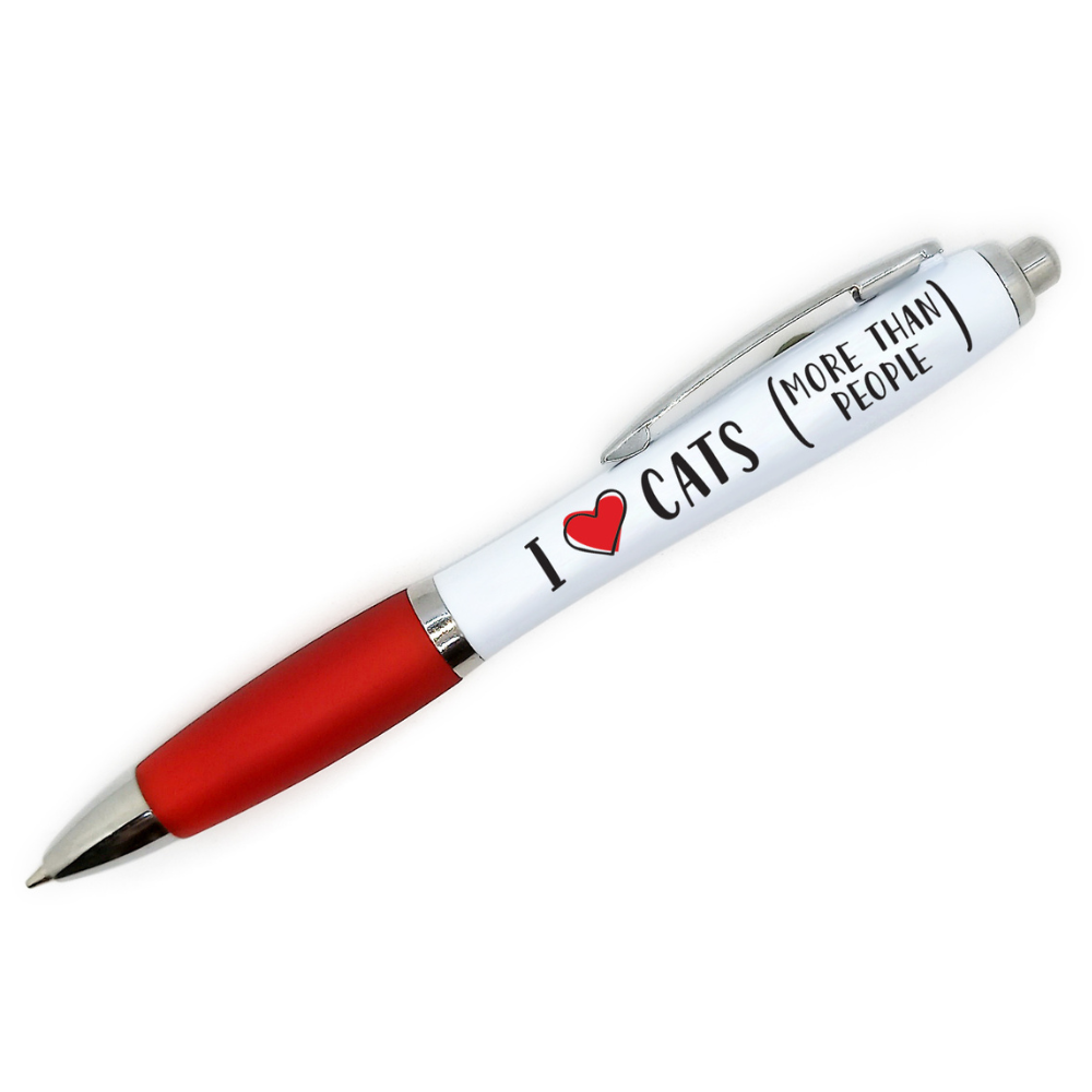 Novelty cat lovers pen which reads: I love cats more than people. The Love is shown as a red Heart and the grip is also red.