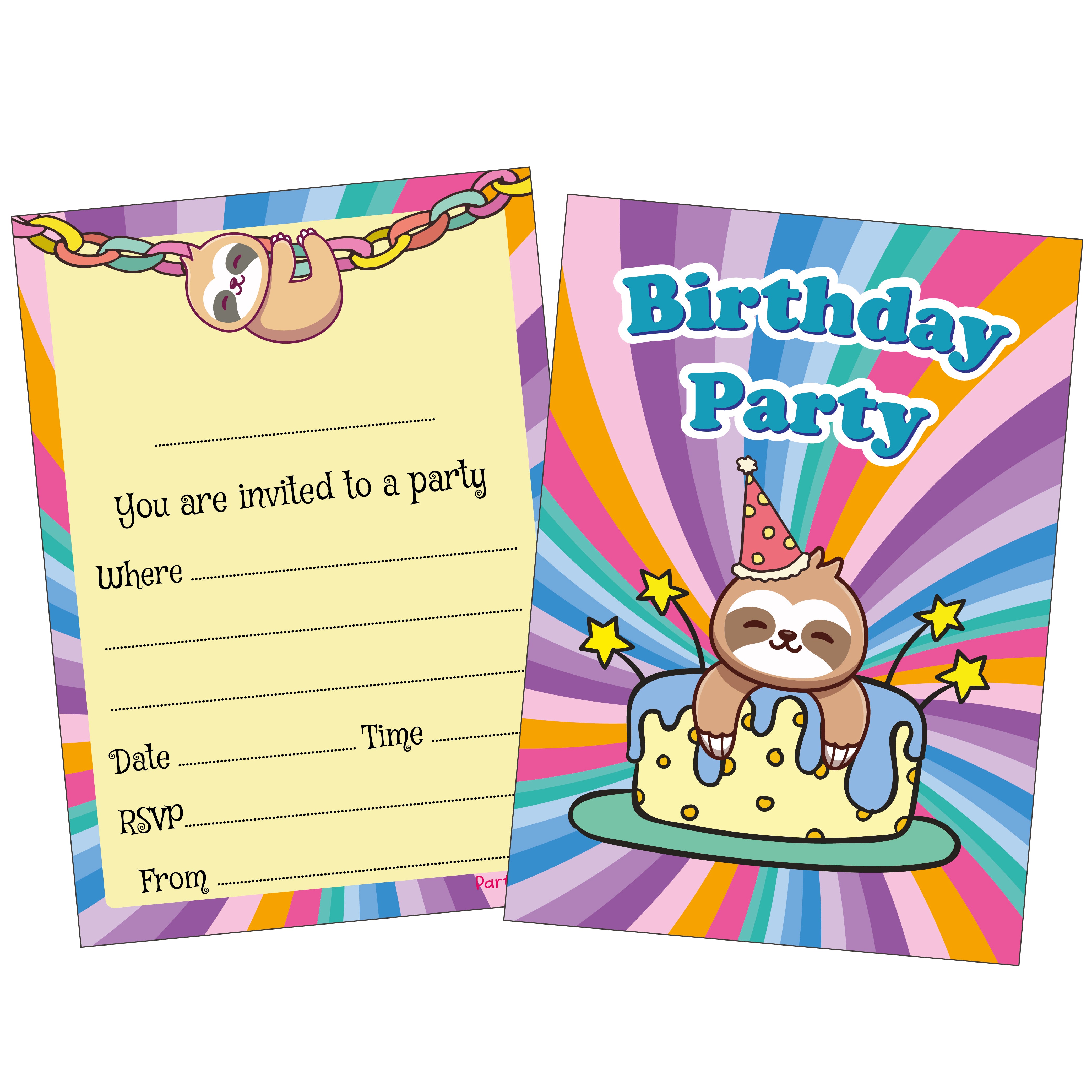 Rainbow Sloth & Cake Party Invitations & Envelopes - PartiKraft