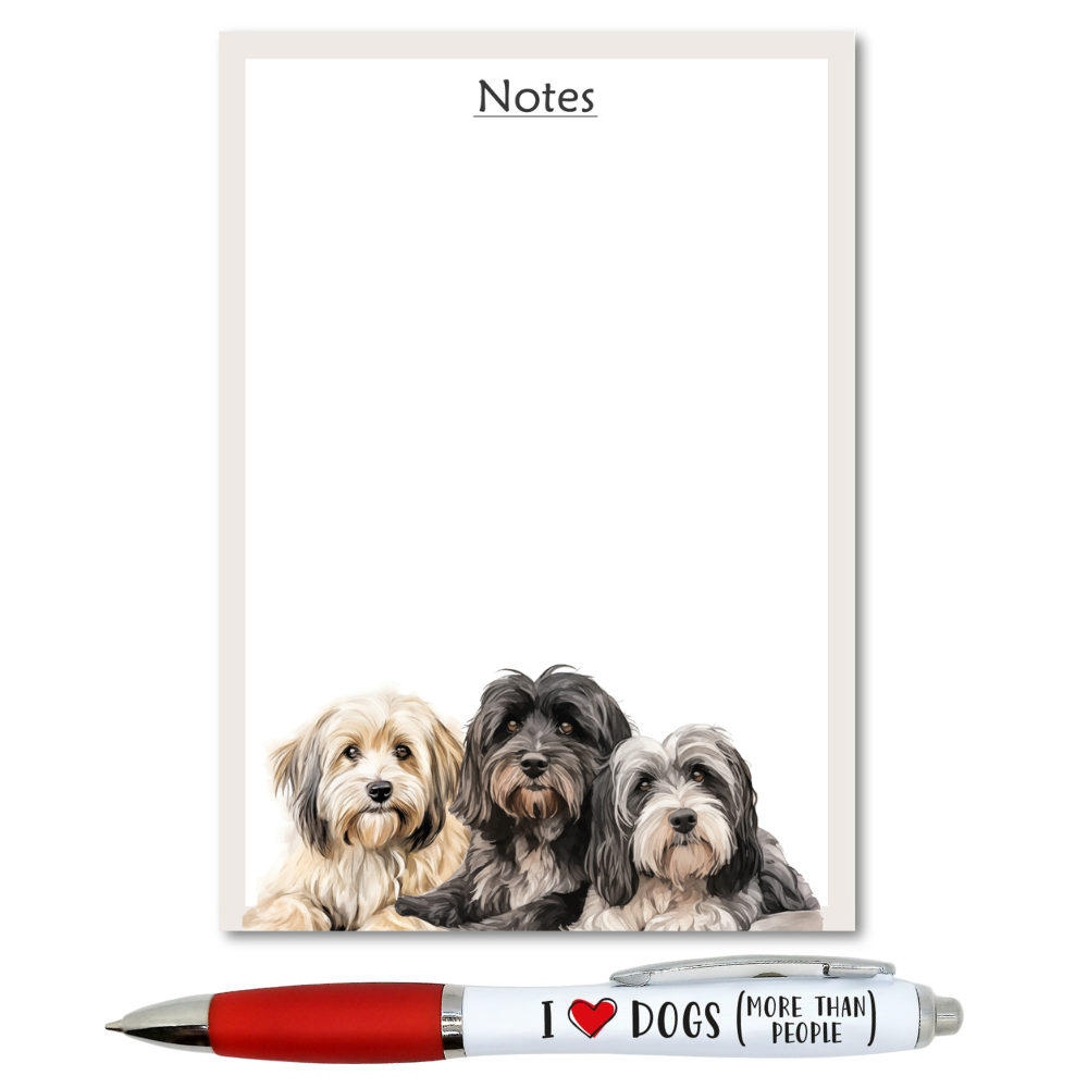 A6 Sized Notepad with 3 tibetan terrier dogs along the bottom. One black dog, one cream fawn colour and one black and white. Pad has a Beige Border and Simply says NOTES along the top. SEt included pen that reads: I Love Dogs more than people. Pen has a red grip and white barrel