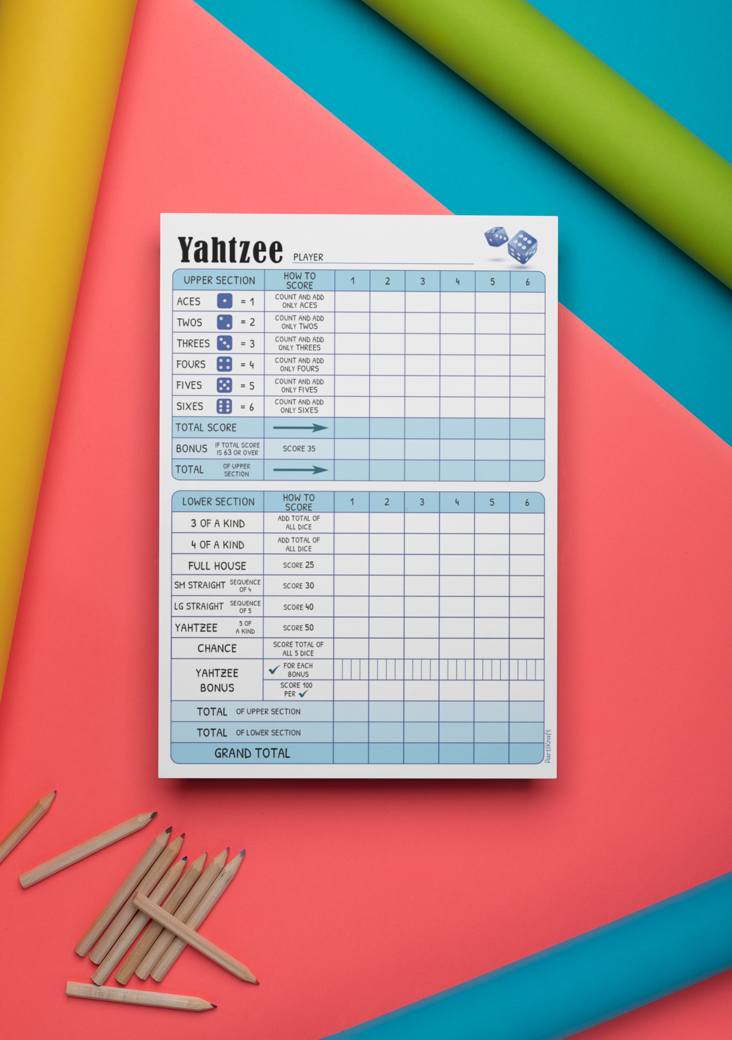 A5 Yahtzee Score Pads - 50 Tear Off Game Sheets per Pad - 6 Games on Each Sheet