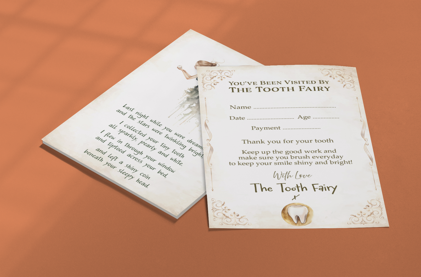 Tooth Fairy Certificates - A6 Size Rustic Watercolour Fairy Letters