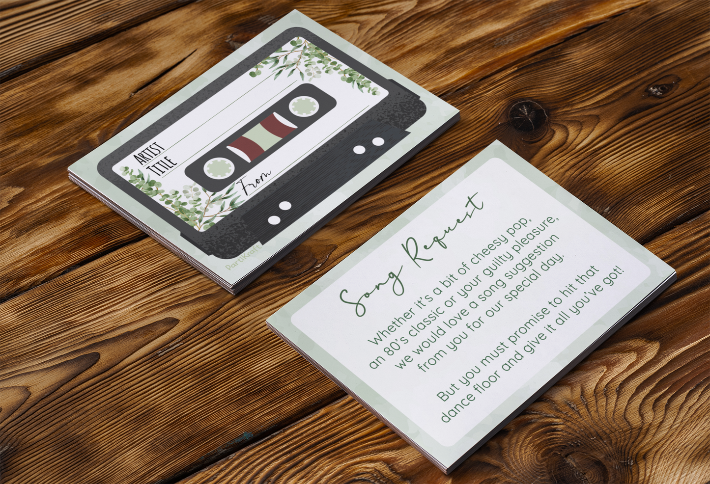 Sage Green Botanical Leaf Cassette Tape Song Request Cards