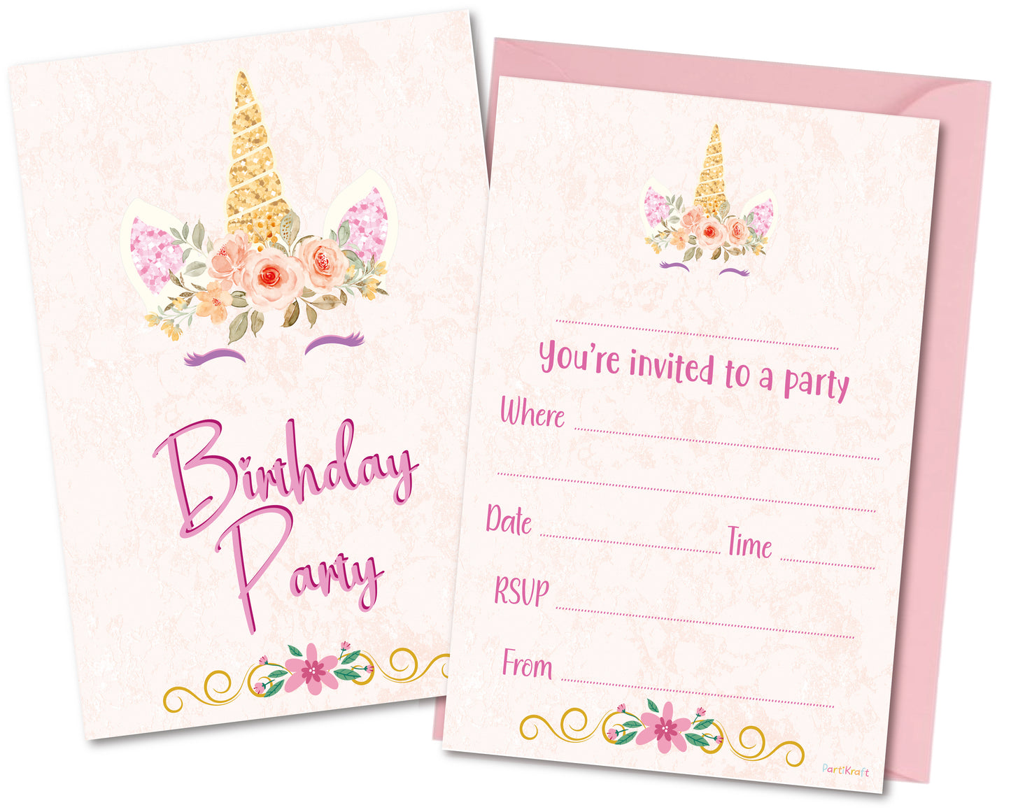 Unicorn Pretty Pink Birthday Party Invitations