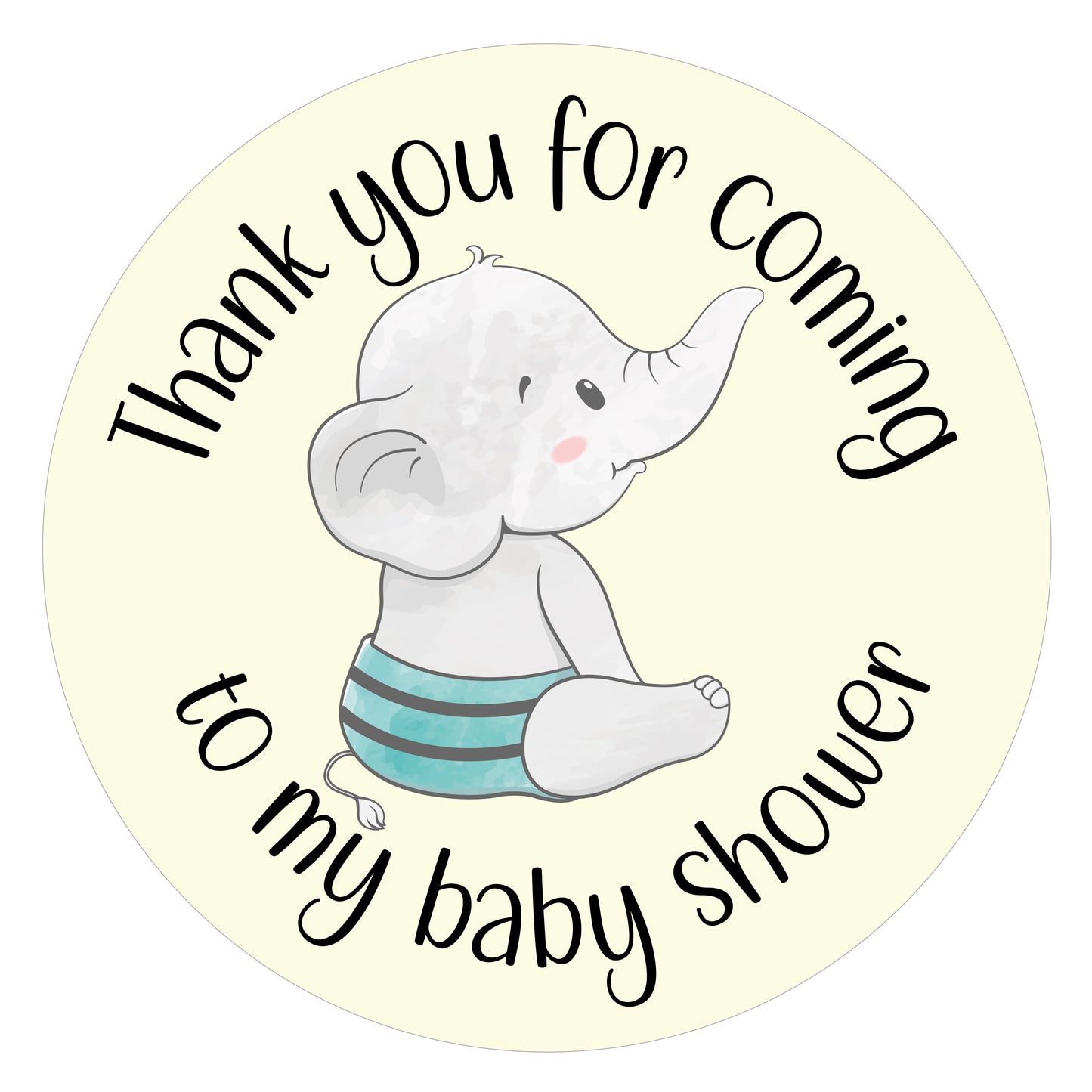 40mm Round thank you for coming to my baby shower stickers. featuring a cute grey baby elephant.