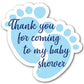 Pack of 24 Footprint shaped blue baby stickers. Text reads Thank you for coming to my baby shower.