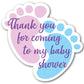 Pack of 24 Footprint shaped pink and blue unisex baby stickers. Text reads Thank you for coming to my baby shower.