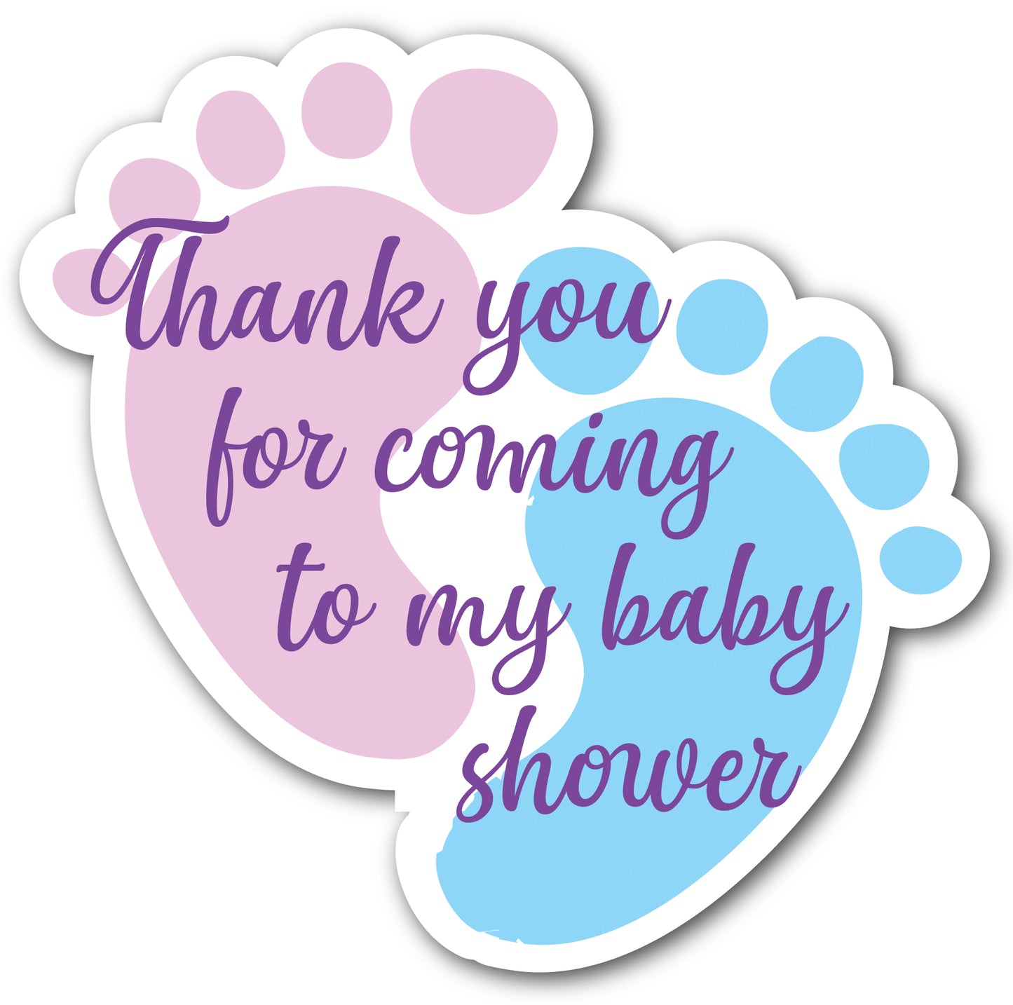 Pack of 24 Footprint shaped pink and blue unisex baby stickers. Text reads Thank you for coming to my baby shower.