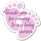 Pack of 24 Footprint shaped pink baby stickers. Text reads Thank you for coming to my baby shower.