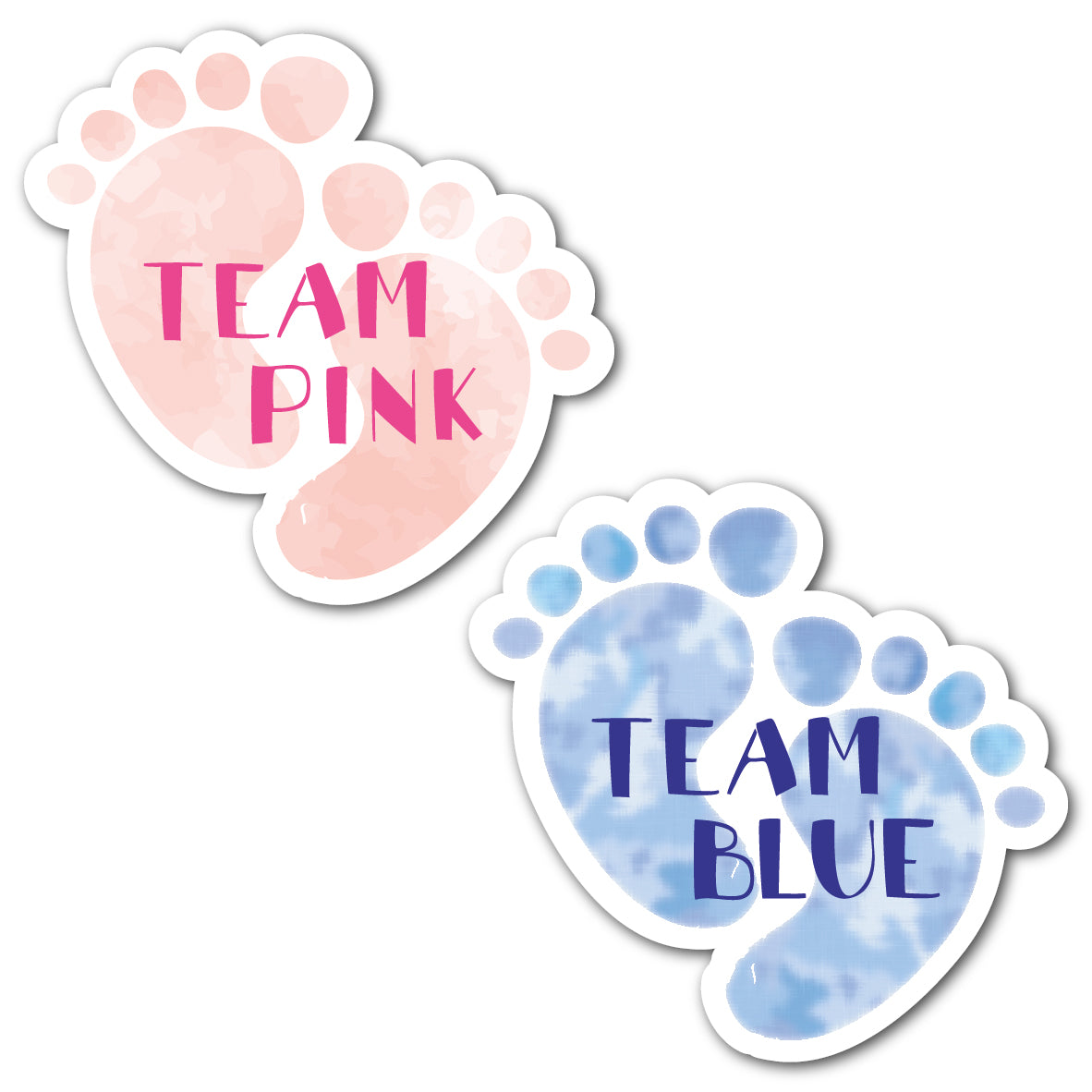 Footprint shaped gender reveal or baby shower party stickers. 24 stickers with pink feet and text that reads TEAM PINK and 24 stickers with blue feet with text that reads TEAM BLUE