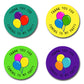 40mm Round thank you for coming to my party stickers. All feature 3 balloons of different colours in the centre. With 4 different colour backgrounds