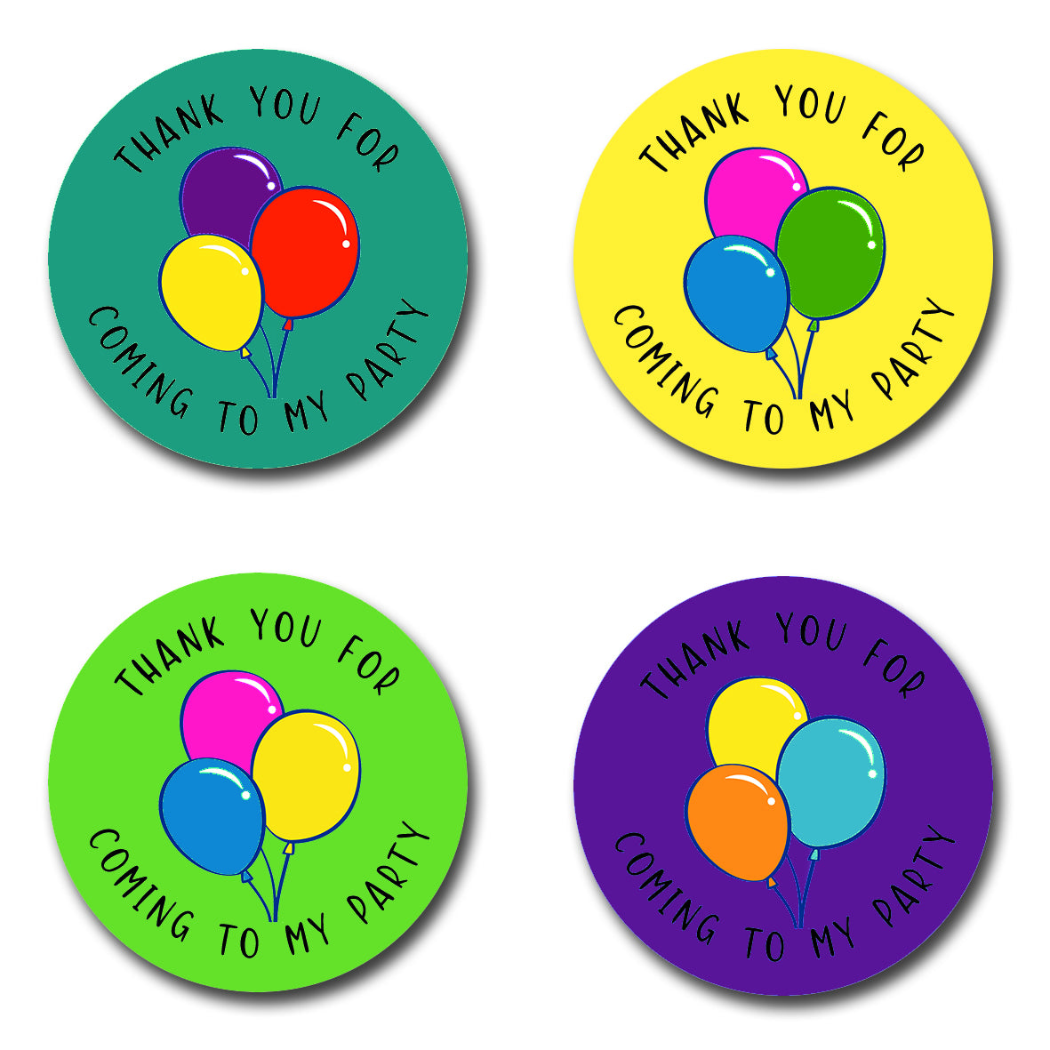 40mm Round thank you for coming to my party stickers. All feature 3 balloons of different colours in the centre. With 4 different colour backgrounds