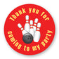 40mm Round thank you for coming to my party stickers. featuring a red background with bowling pins and ball.