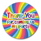 40mm round stickers with a bright rainbow striped  swirl in the background. Text is rainbow coloured and red thank you for coming to my party. This is a perfect unisex design.