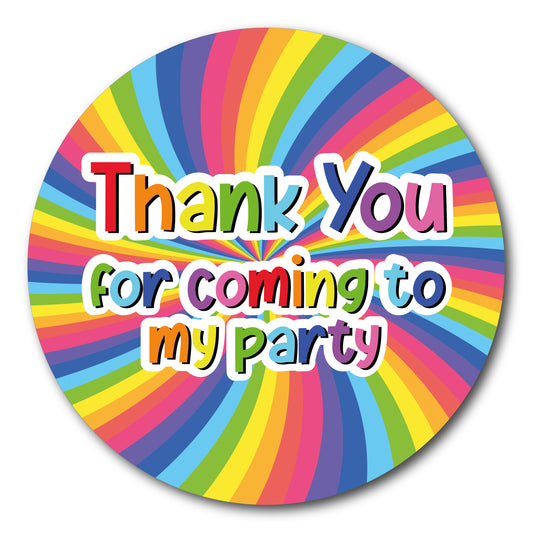 40mm round stickers with a bright rainbow striped  swirl in the background. Text is rainbow coloured and red thank you for coming to my party. This is a perfect unisex design.