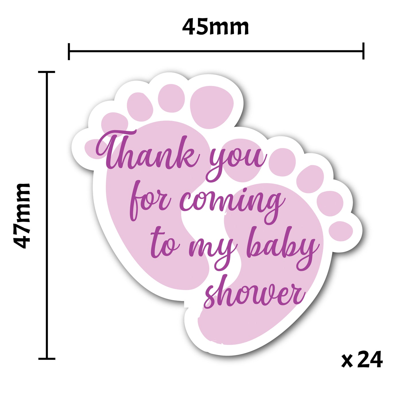 24 x Pink Girl Footprint Shaped Stickers - Thank You for Coming to My Baby Shower