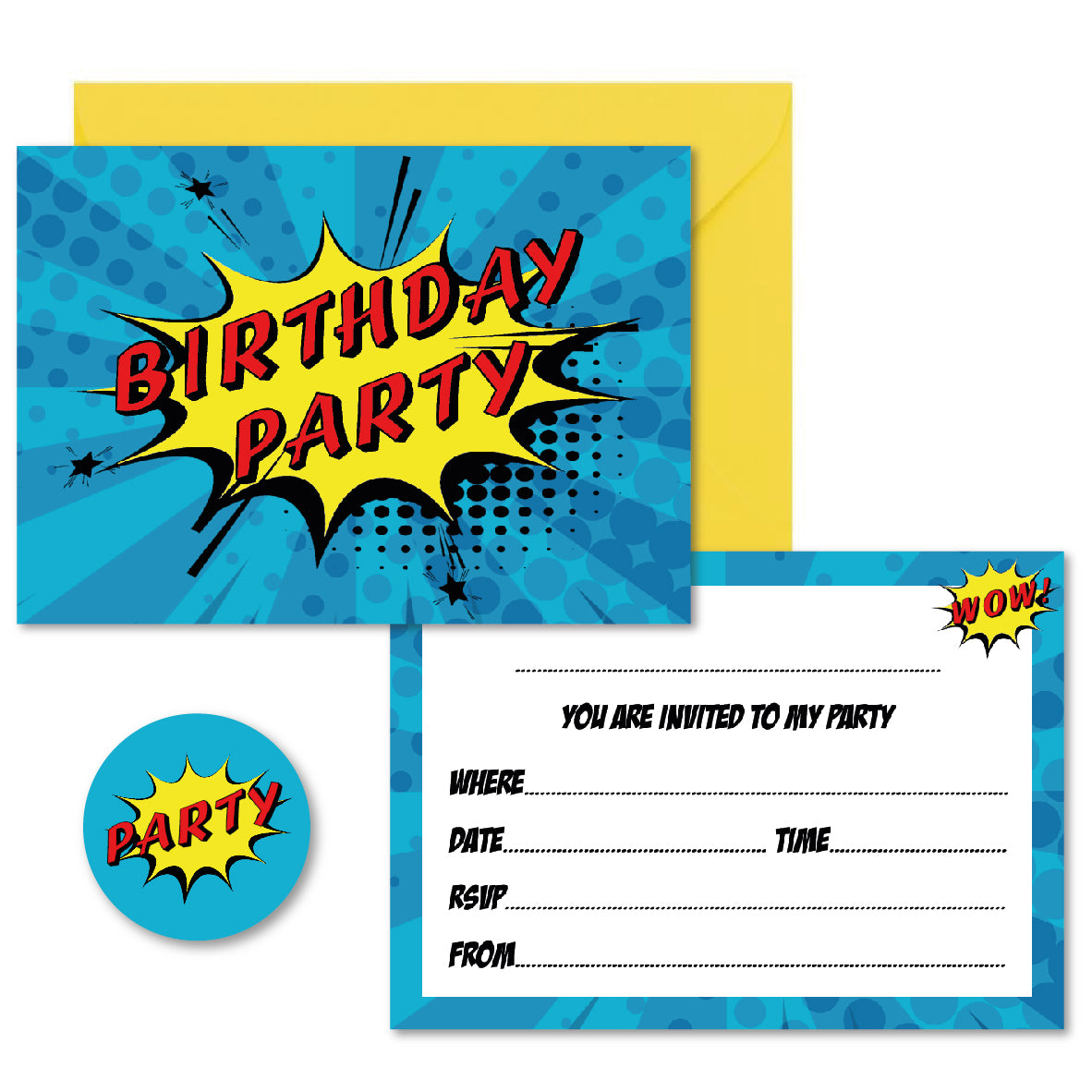 A6 comic book super hero birthday party invitations with yellow envelopes and matching party stickers. Bright blue background with yellow splash star and red text that reads Birthday Party. The back contains space for all the relavent party information