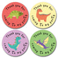 Forty Millimetre Round dinosaur themed thank you for coming to my party stickers. Great for childrens sweet cones, party bags and favors. Black text in a circle shape with different dinosaurs in the centre. Four different colour backgrounds. Yellow, Green, Purple and Red.