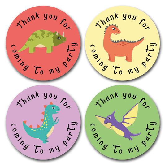 Forty Millimetre Round dinosaur themed thank you for coming to my party stickers. Great for childrens sweet cones, party bags and favors. Black text in a circle shape with different dinosaurs in the centre. Four different colour backgrounds. Yellow, Green, Purple and Red.