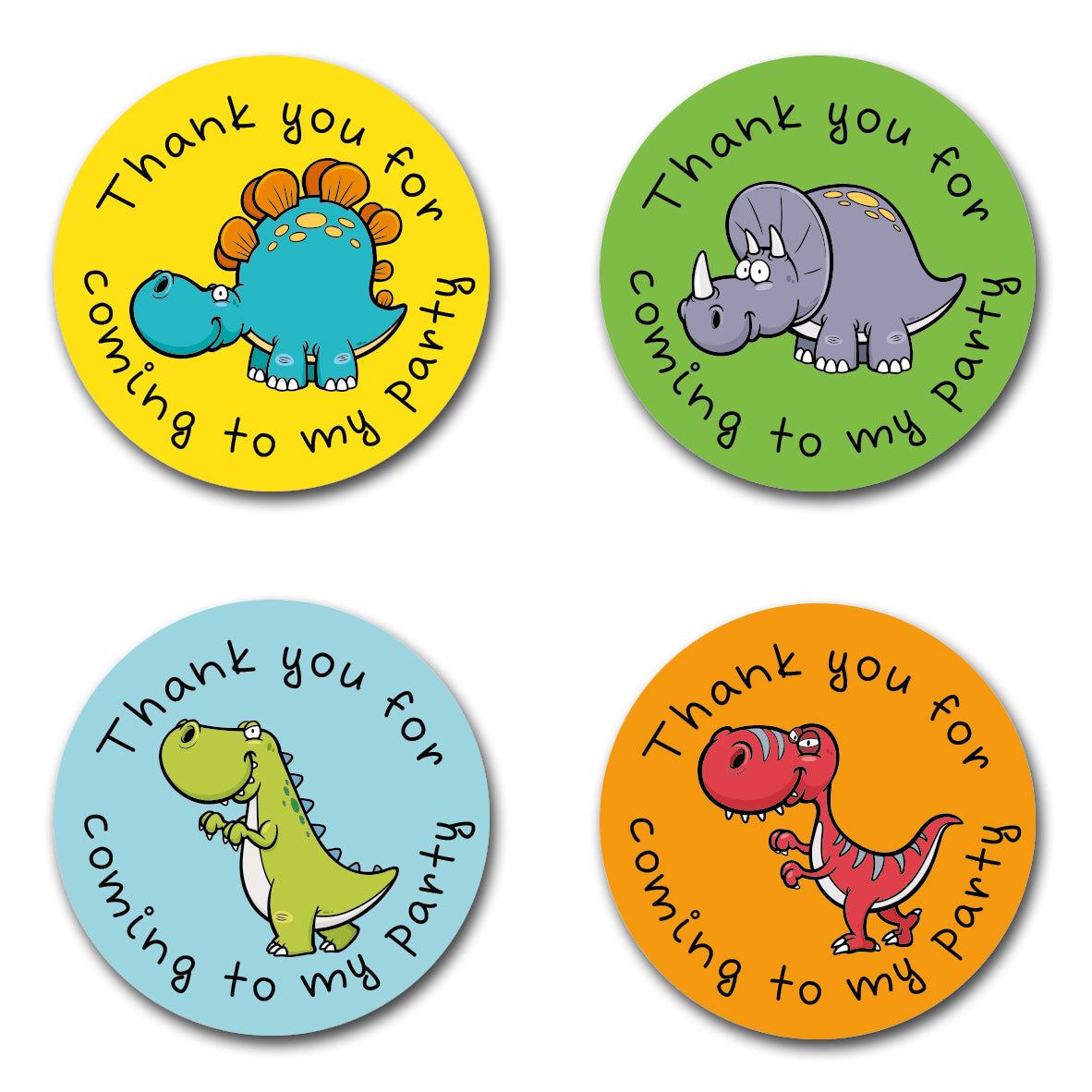 Forty Millimetre Round dinosaur themed thank you for coming to my party stickers. Great for childrens sweet cones, party bags and favors. Black text in a circle shape with different dinosaurs in the centre. Four different colour backgrounds. Yellow, Green, Blue and Orange.