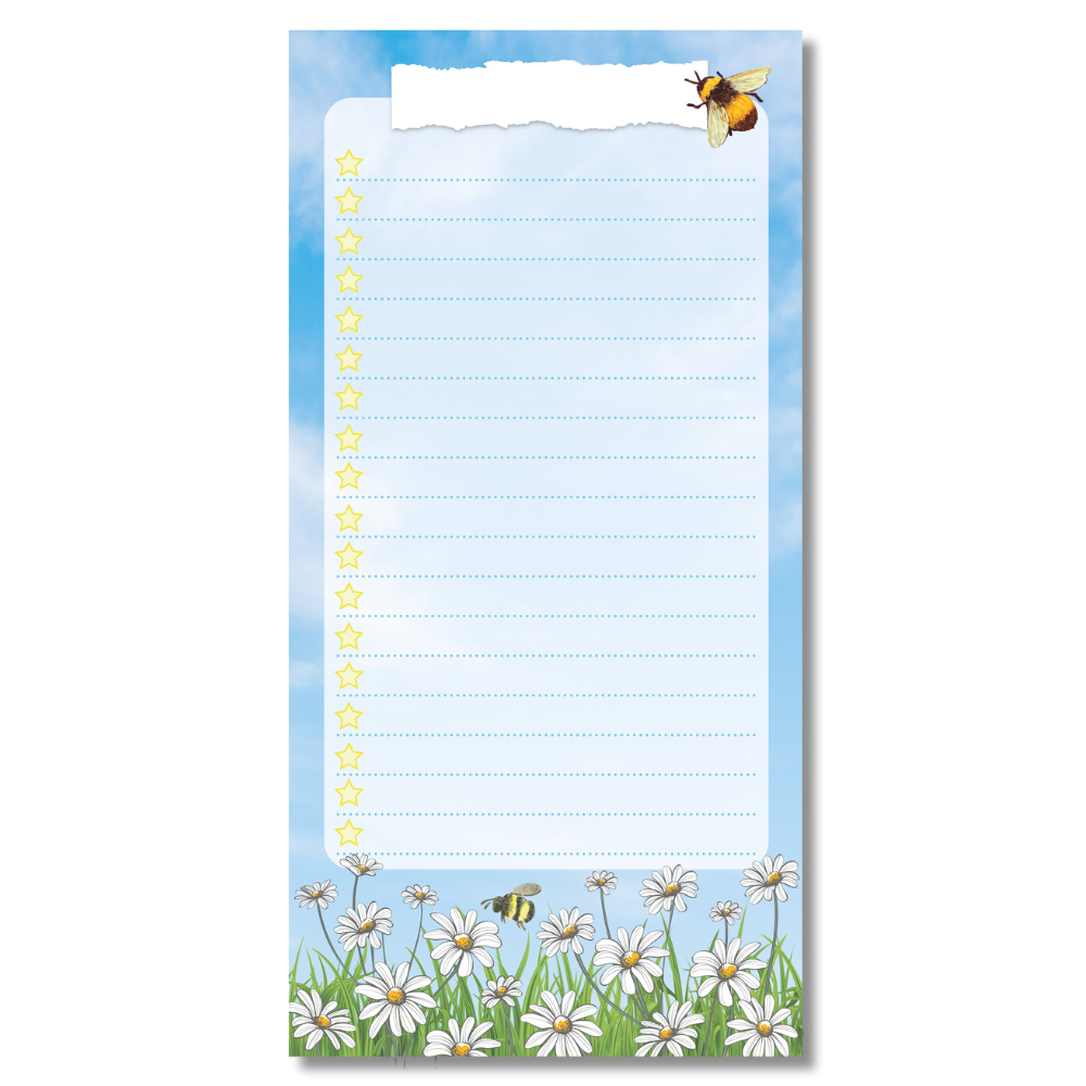 DL SIZES TO DO LIST NOTEPAD WITH SKY BLUE AND CLOUD BACKGROUND WITH WHITE DAISY FLOWERS AND GREEN GRASS AT THE BOTTOM AND BLACK AND YELLOW BUZY BUMBLE BEES. INCLUDED LINES WITH AND YELLOW STARS TO TICK OFF YOUR LISTS