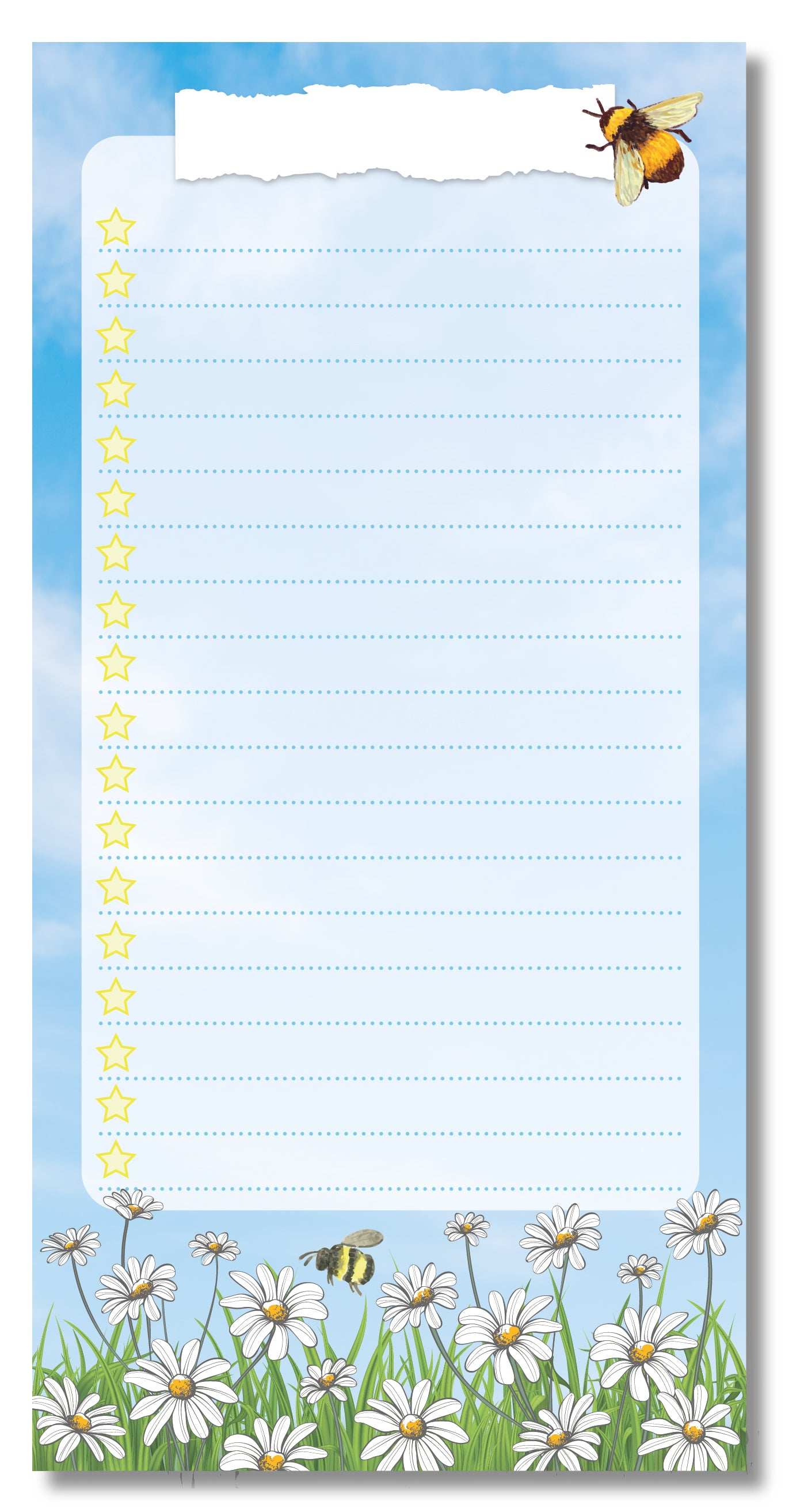 DL SIZES TO DO LIST NOTEPAD WITH SKY BLUE AND CLOUD BACKGROUND WITH WHITE DAISY FLOWERS AND GREEN GRASS AT THE BOTTOM AND BLACK AND YELLOW BUZY BUMBLE BEES. INCLUDED LINES WITH AND YELLOW STARS TO TICK OFF YOUR LISTS