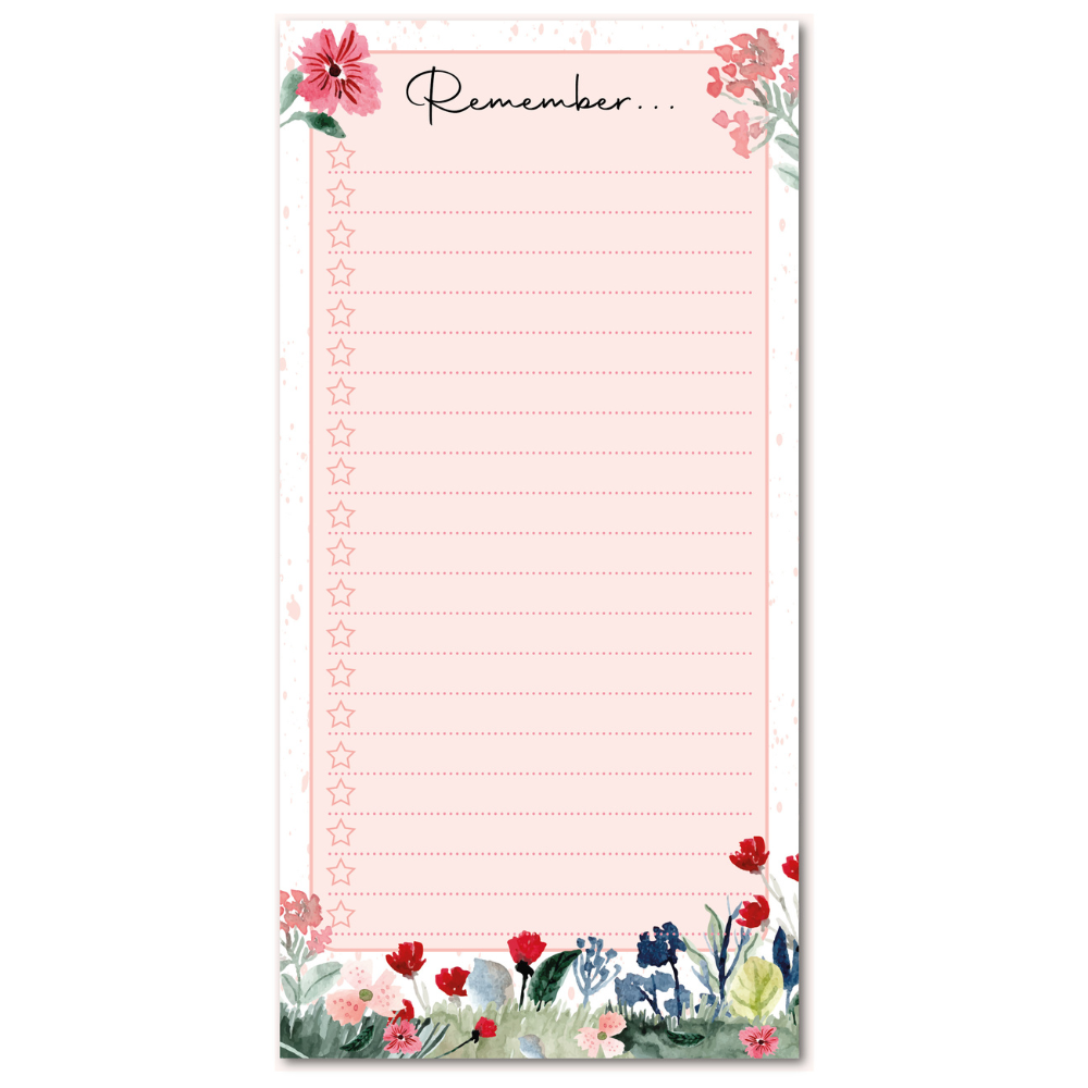 DL SIZES PRETTY PINK THEMED FLORAL NOTEPAD TO DO LIST. BEAUTIFUL WATERCOLOUR FLOWERS AT THE BOTTOM OF EACH SHEET AND TEXT THAT READS: REMEMBER AT THE TOP WITH PLENTY OF SPACE TO WRITE YOUR LIST